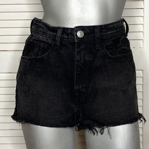 H&M &DENIM High Waist Shorts - Faded Black Denim Cut-Offs Distressed 4 XS 34 - Picture 1 of 5